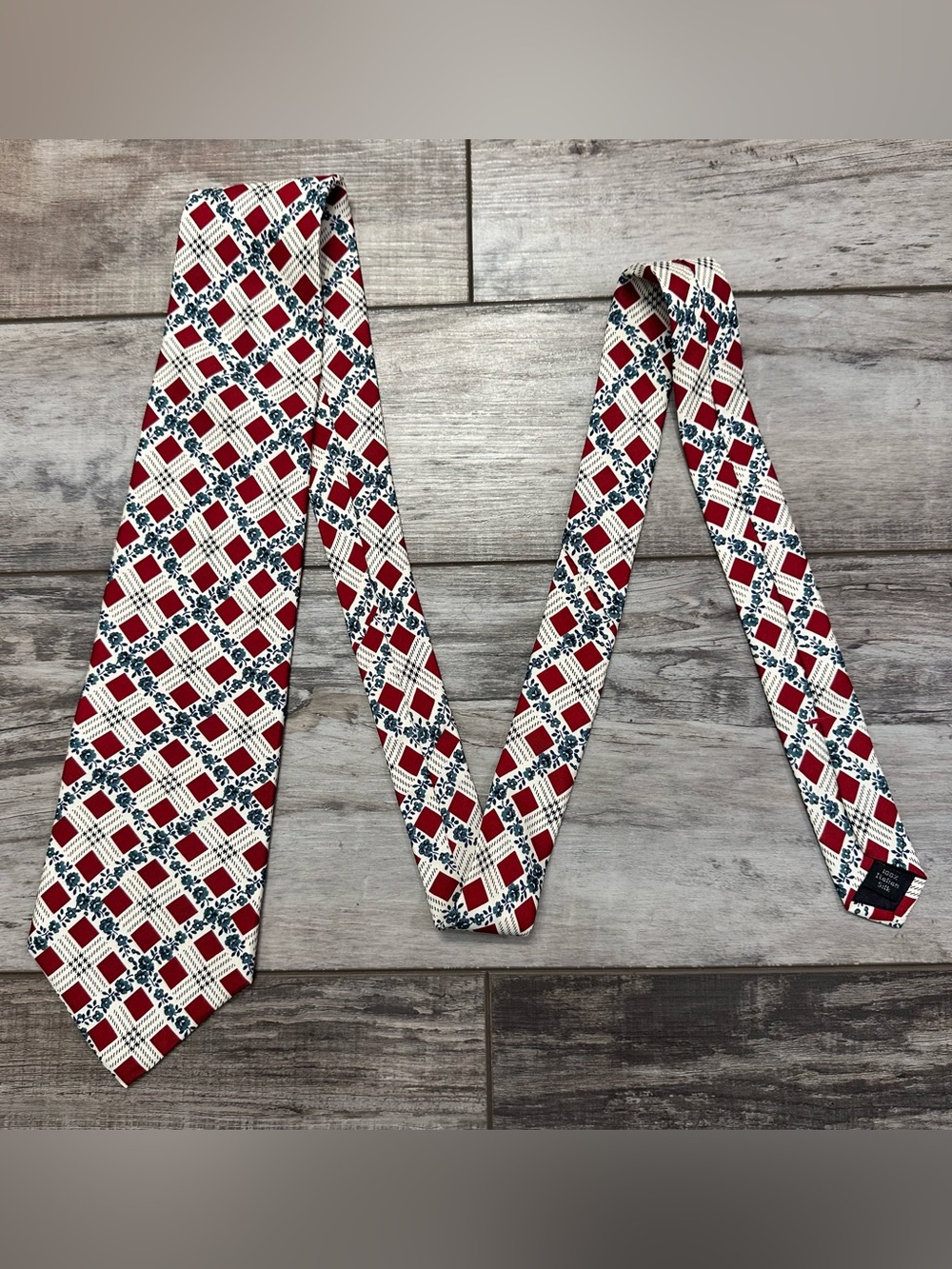 Pierre Cardin Red White and Navy Geometric Plaid Silk Tie